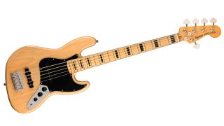 A Squier Classic Vibe 70s Jazz Bass V in natural on a white background