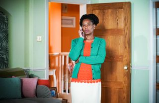 Sheree Trueman makes a phone call in EastEnders