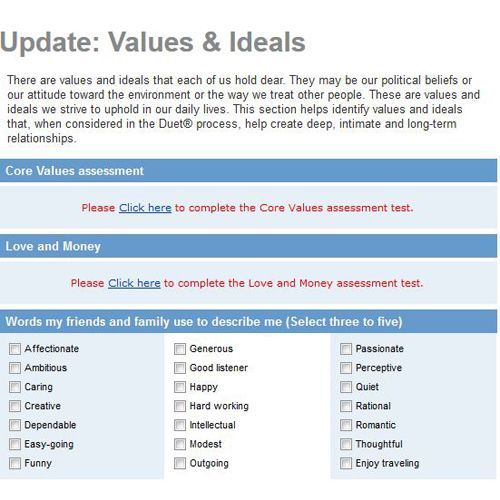 PerfectMatch image: The Values &amp; Ideals section includes subsections like Core Values and Love &amp; Money.