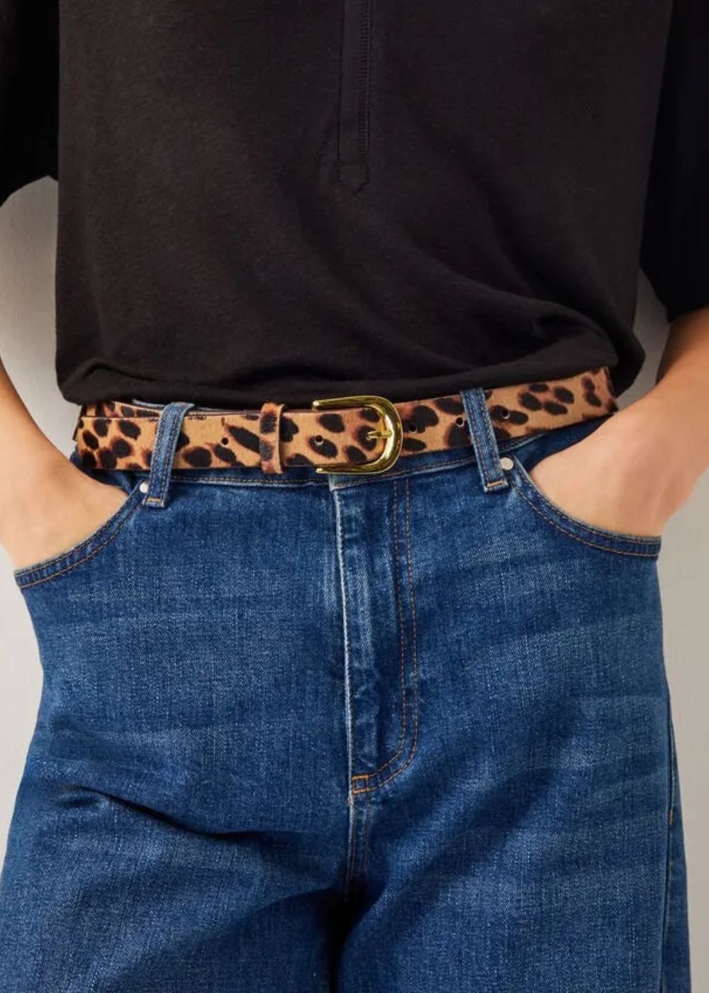Leopard Print Leather Belt Natural on model