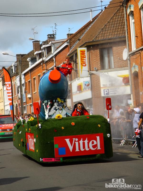 French bottled water company Vittel fielded several vehicles in the publicity caravan with giant tanks to spray down spectators with cool mist.