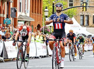 Eric Marcotte covers up the SmartStop logo on his US pro criterium champion's jersey after winning in Doylestown.