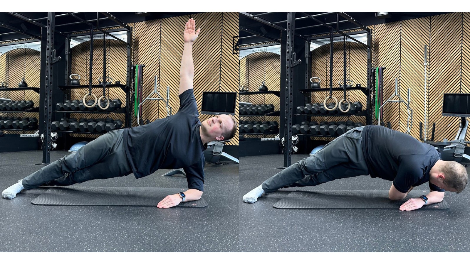 Ollie Thompson demonstrates two positions of the side plank with rotation