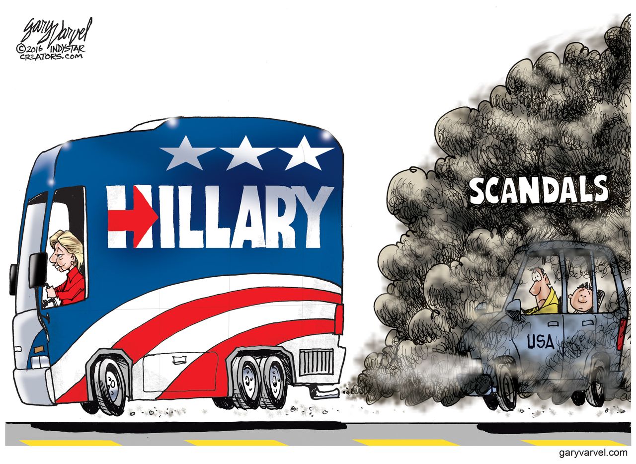 Political cartoon U.S. Hillary Clinton scandals 2016 election