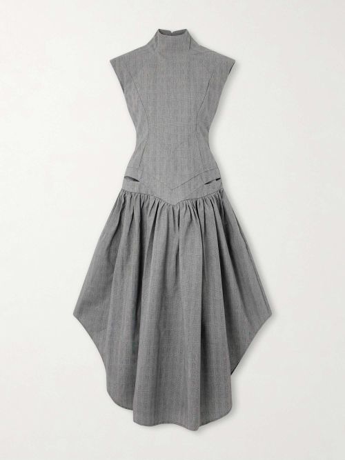 Open-Back Gahered Cutout Checked Organic Cotton Maxi Dress