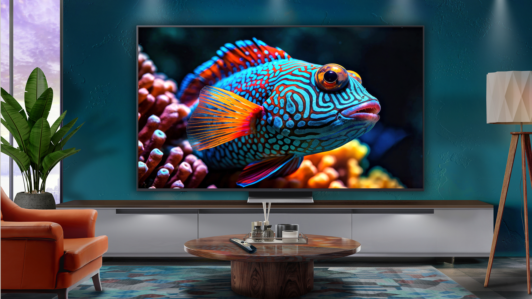LG RGB Mini evo TV showing a colourful underwater scene in a contemporary front room