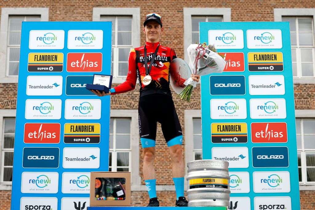 BILZEN BELGIUM AUGUST 27 Matej Mohoric of Slovenia and Team Bahrain Victorious celebrates at podium as stage winner during the 19th Renewi Tour 2023 Stage 5 a 1873km stage from Riemst to Bilzen UCIWT on August 27 2023 in Bilzen Belgium Photo by Bas CzerwinskiGetty Images
