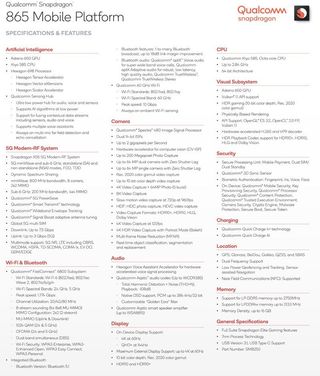 Qualcomm Snapdragon 865 spec sheet