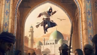 Key art of Assassin's Creed Mirage showing Basim performing an air assassination