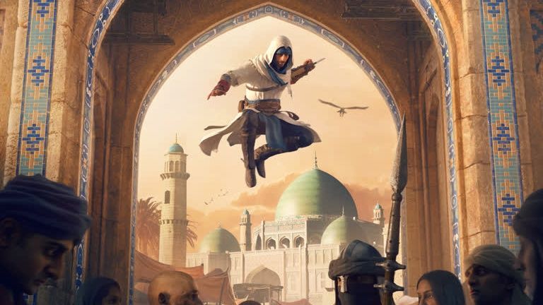 Key art of Assassin&#039;s Creed Mirage showing Basim performing an air assassination