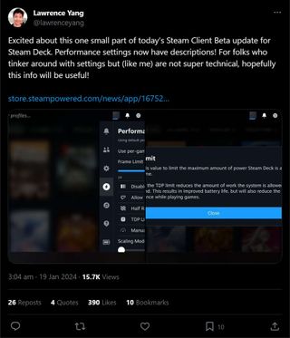 Post on X (formerly Twitter) on the changes in the beta OS for the Valve Steam Deck