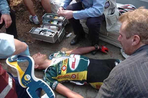 Vanlandschoot gets a neck brace after his fall.