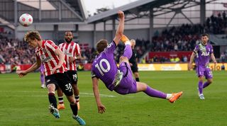 Harry Kane volleys wide late on as Tottenham are frustrated by Brentford on Saturday.