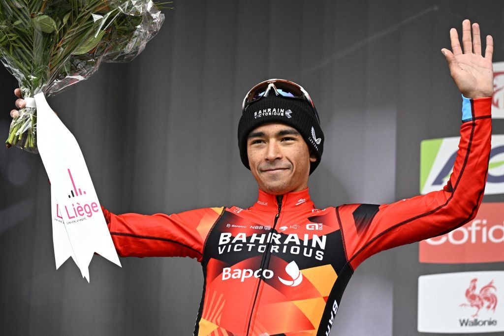 Thirdplaced Bahrain Victoriouss Colombian rider Santiago Buitrago celebrates on the podium after the mens elite race of the LiegeBastogneLiege one day cycling event 2585 km roundtrip from Liege via Bastogne on April 23 2023 Photo by JASPER JACOBS Belga AFP Belgium OUT Photo by JASPER JACOBSBelgaAFP via Getty Images