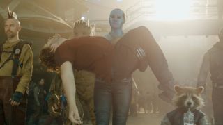 Karen Gillan as Nebula holding Peter Quill in Guardians of the Galaxy Vol. 3