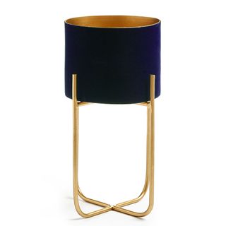 navy velvet plant pot with gold stand