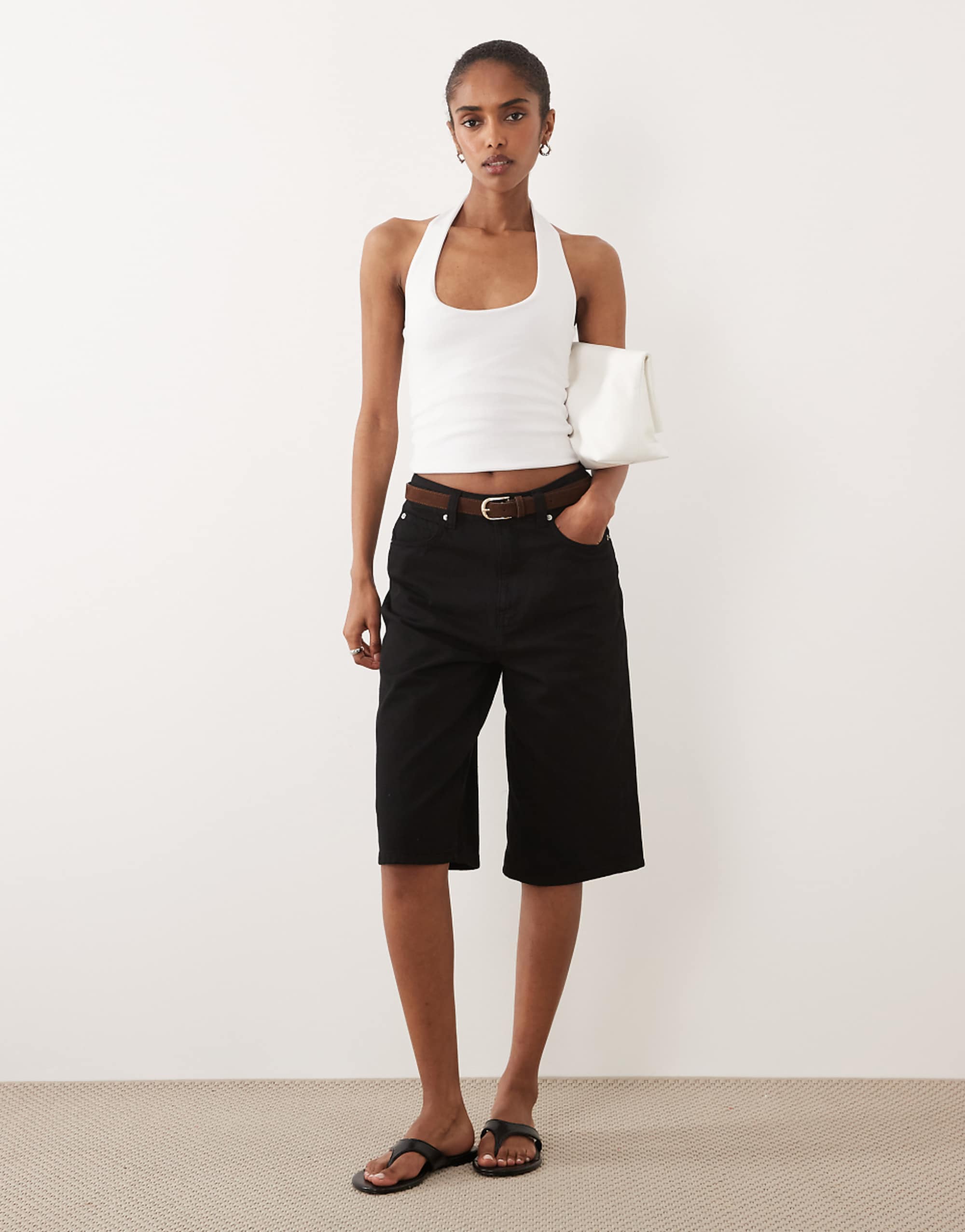 Asos Design Denim Bermuda Short With Suede Belt Detail in Black