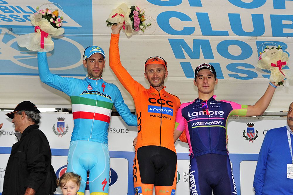 Coppa Agostoni podium (l-r) Vincenzo Nibali (Astana), Davide Rebellin (CCC Sprandi Polkowice), Niccolo Bonifazio (Lampre):