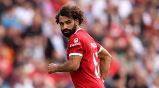 LIVERPOOL, ENGLAND - AUGUST 19: Mohamed Salah of Liverpool looks on during the Premier League match between Liverpool FC and AFC Bournemouth at Anfield on August 19, 2023 in Liverpool, England. (Photo by George Wood/Getty Images)