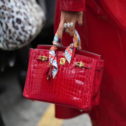woman holding red birkin with cherry manicure