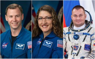 A screen split three ways with astronaut-suited Nick Hague, Christina Hammock Koch and Alexey Ovchinin
