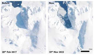a split image shows the changes in time of a snowy glacier. Imagery from Copernicus Sentinel-2 shows the retreat of Cadman Glacier and the collapse of its ice shelf: the image on the left is from 2017 and the right from 2023.