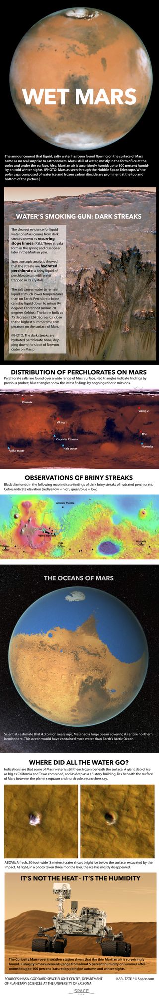 After decades of speculation, scientists now know for sure that liquid salty water flows on the surface of Mars. See the discovery explained in our full infographic.