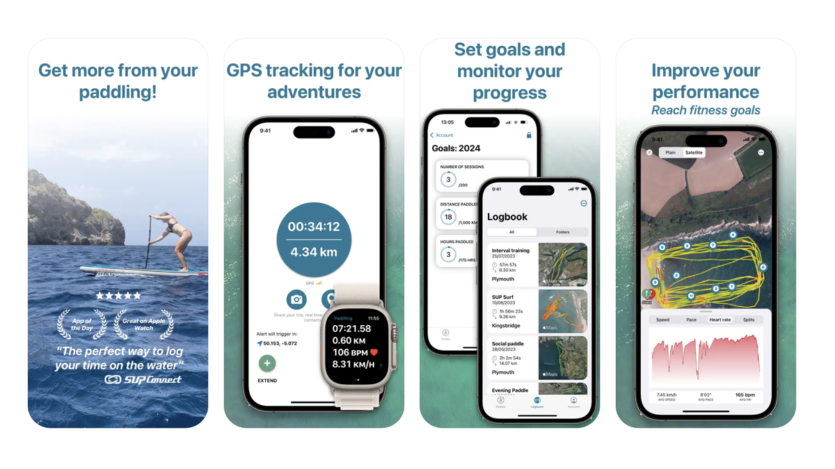 Screenshots of the Paddle Logger app from the Apple App Store.