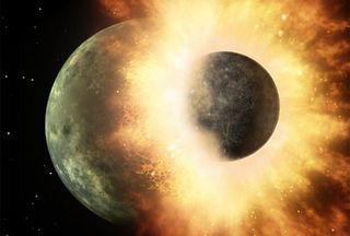 The Earth's moon is thought to have formed when a Mars-sized object, called Theia, slammed into the early Earth 4.5 billion years ago, blasting out material that later coalesced in to a large satellite as depicted in this artist's illustration. A new analysis of lunar rocks adds new support to this Giant Impact Hypothesis.