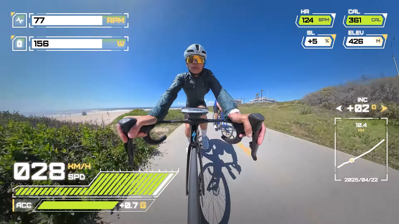 Man riding a bicycle, self-shot with Insta360 X5, showing game-like HUD overlay with real-time metrics pulled from Garmin or Apple smart watches.
