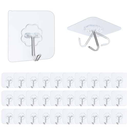 Cnmtcco Adhesive Hooks 30 Pack Wall Hooks Self-Adhesive Transparent, Without Drilling (max 10 Kg) Waterproof and Oil-Resistant Multi-Purpose, for Towel, Coat, Keys and Kitchen