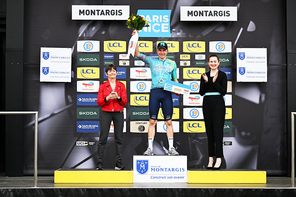 MONTARGIS, FRANCE - MARCH 09: Max Kanter of Germany and Team XDS Astana celebrates at podium as stage winner during the 84th Paris-Nice 2026, Stage 2 a 187km stage from Epone to Montargis / #UCIWT / on March 09, 2026 in Montargis, France. (Photo by Szymon Gruchalski/Getty Images)
