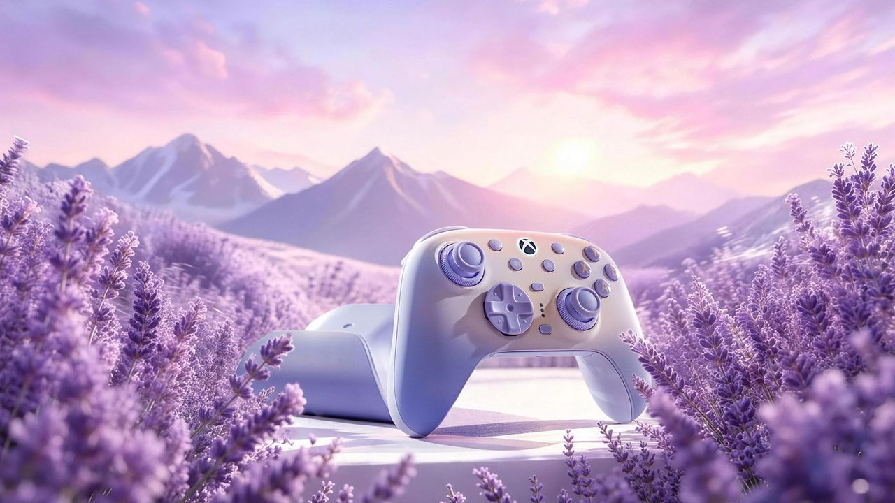 The Lavender 8BitDo Ultimate 3 amongst lavender in a marketing image