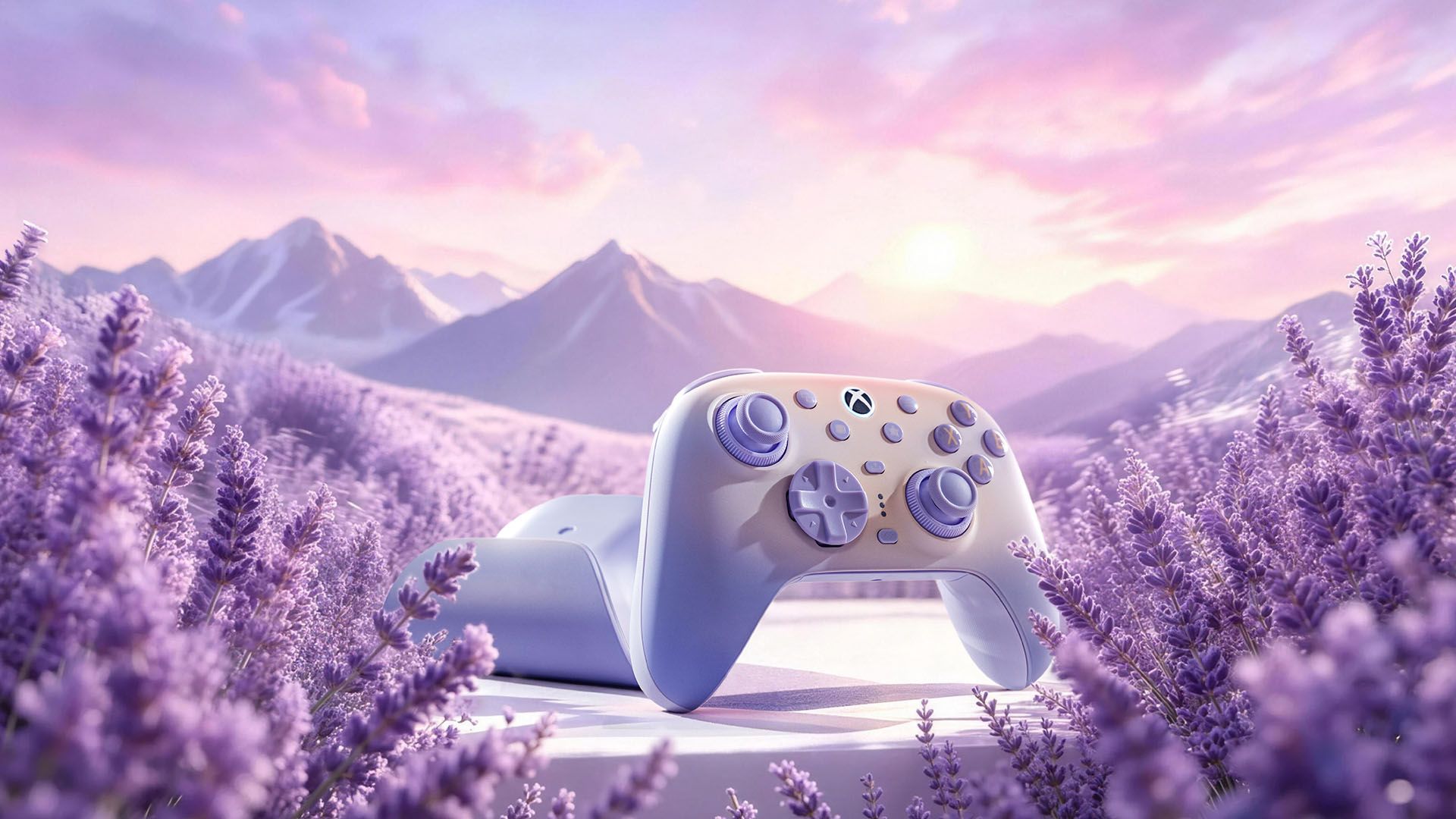 The Lavender 8BitDo Ultimate 3 amongst lavender in a marketing image