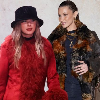 Bella Hadid and Taylor Swift wearing penny lane coats in a collage