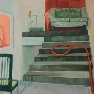 Painting of a red rope on a stairs