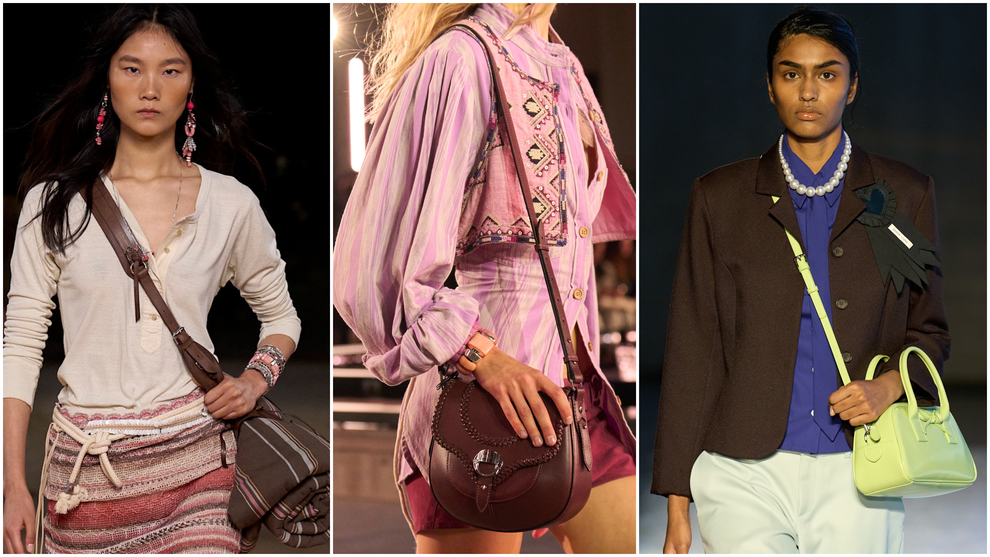 collage of women wearing crossbody bags on the fall 2026 and spring 2025 runways