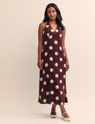 Brown Polka Dot Halterneck Sabina Midi Dress