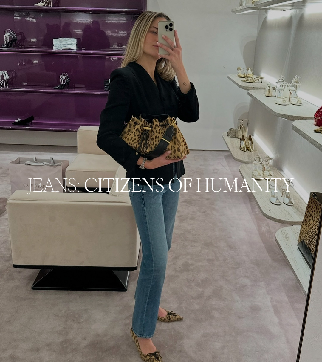 Eliza Huber wearing Citizens of Humanity jeans with a black blazer and leopard-print accessories. Text reads: "Jeans: Citizens of Humanity."