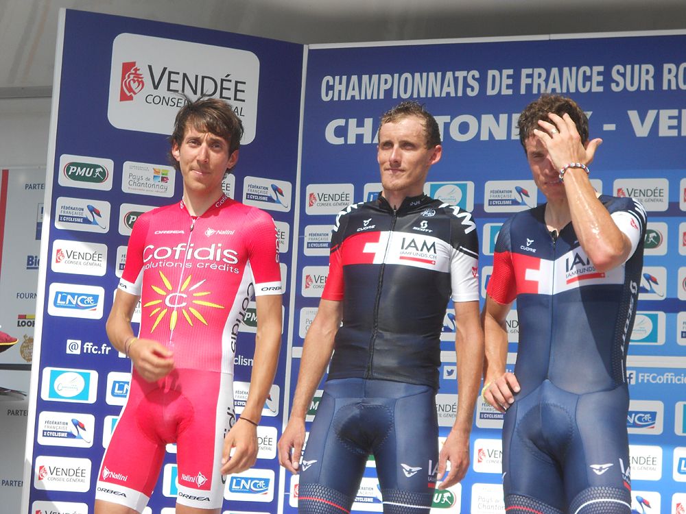 Jerome Coppel (Fra) IAM Cycling on the French Championships podium as the winner of the time trial