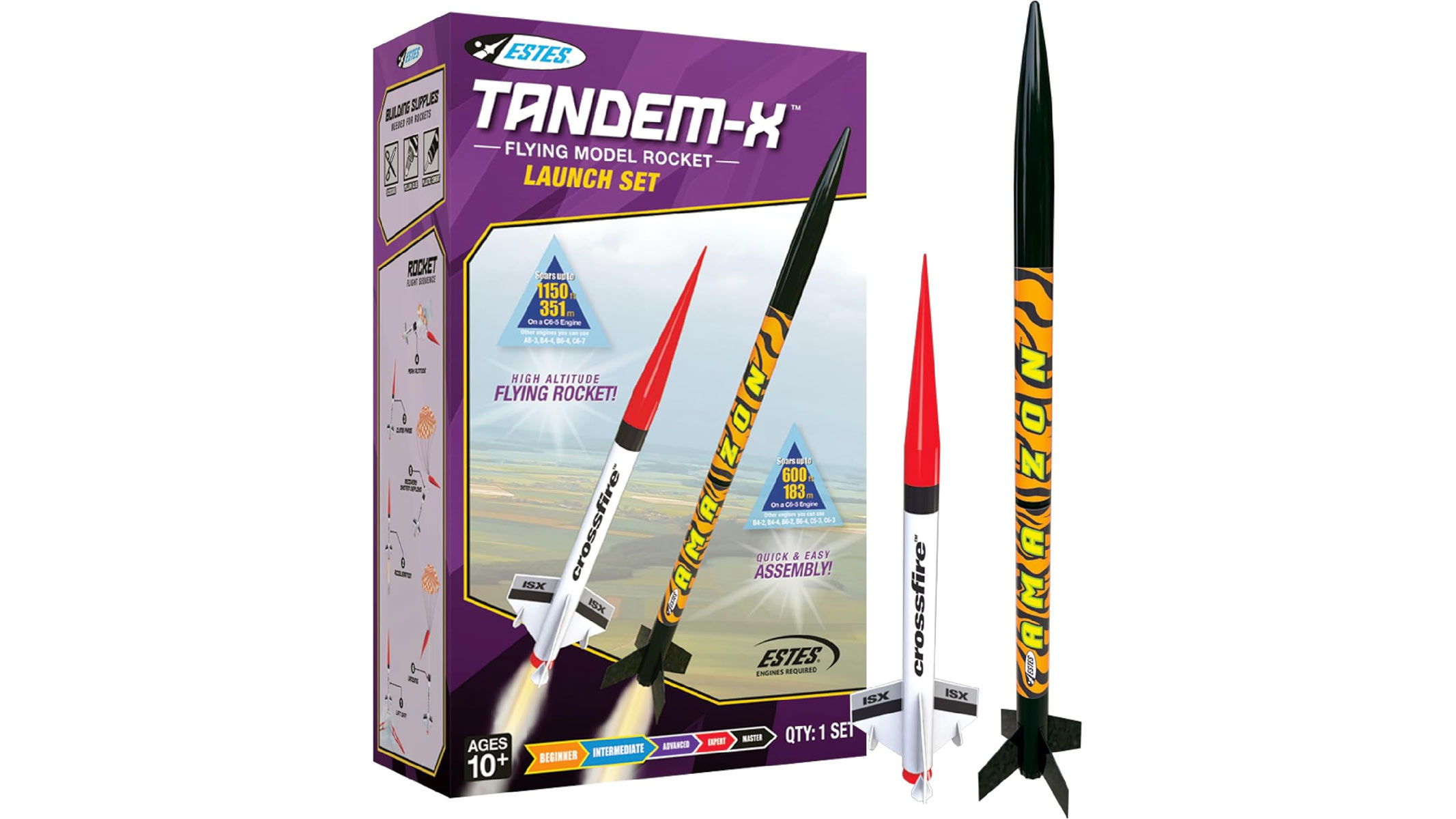 Two rockets, one small, red and white and one tall, yellow and black stand next to each other next to a purple box with their picture on the front, all on a white background.