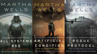 The book covers for three of the novels of Murderbot.