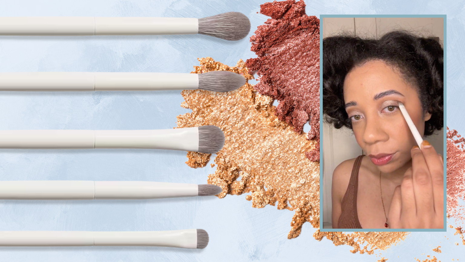 eye makeup brushes on a blue background next to a woman with a short curly bob using an eyeshadow brush on her upper lid