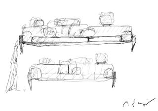 A black and white pencil sketch by Michele De Lucchi representing his Float sofa for Stellar Works in two different compositions