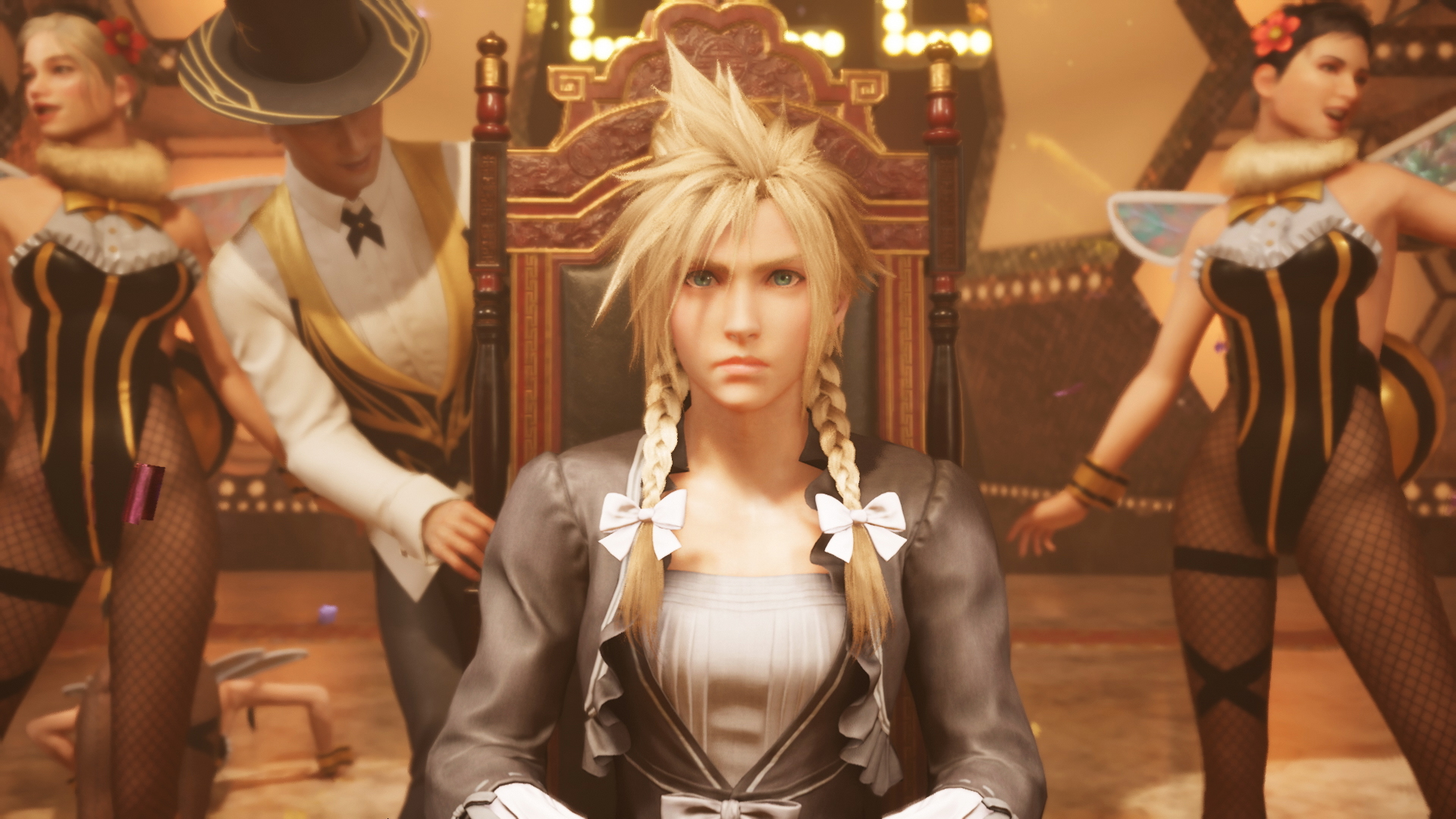 Cloud sits with his hair braided, and wears a dress at the Honeybee Inn