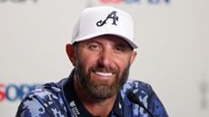 Dustin Johnson speaks to the press before the US Open