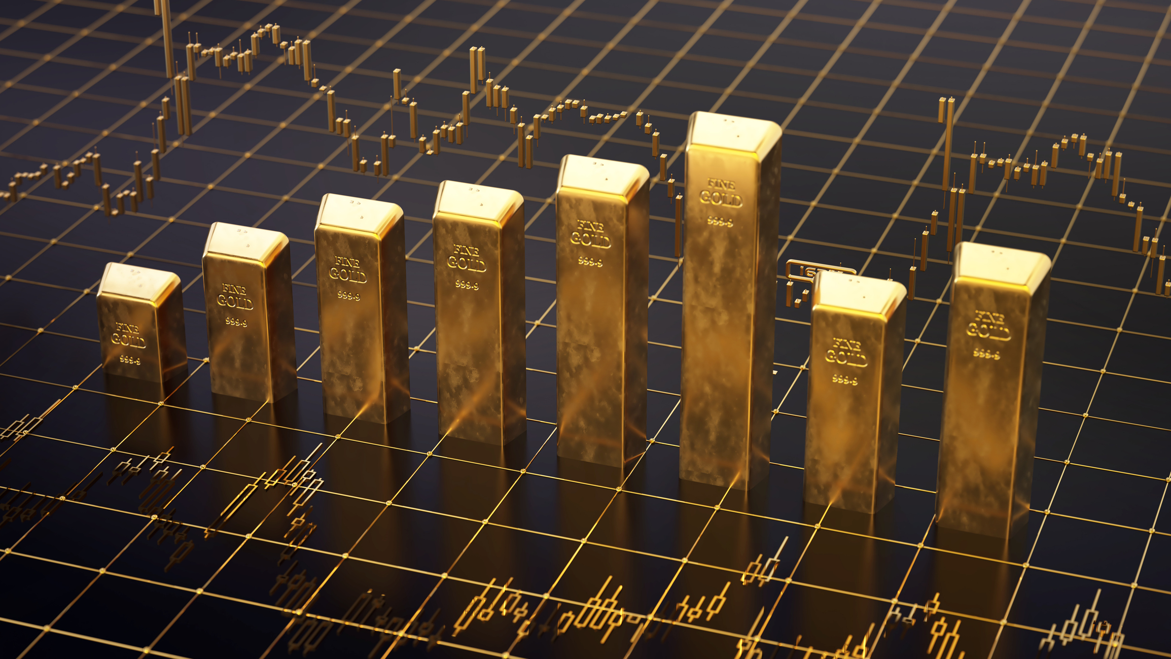 Gold bars are arranged in a straight line. A digital chart with gold price indicators is in the background