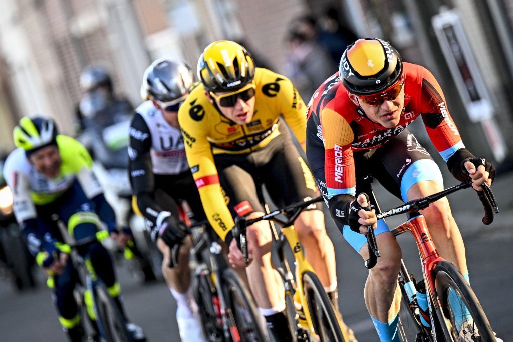 Matej Mohoric (Bahrain Victorious) in the breakaway at Kuurne-Brussel-Kuurne