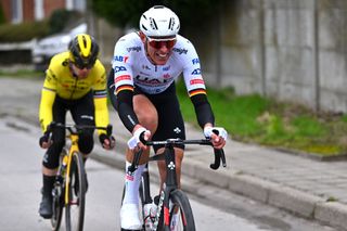 Nils Politt in the breakaway with Jan Tratnik at Omloop Het Nieuwsblad