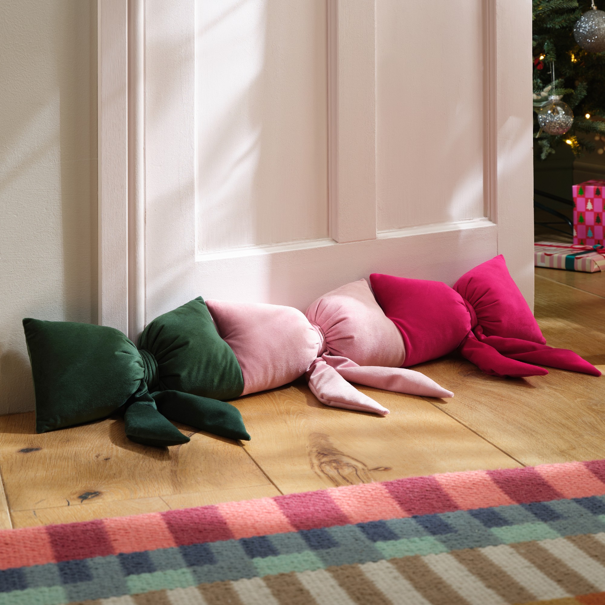 Next Pink Green Christmas Velvet Bows Draught Excluder